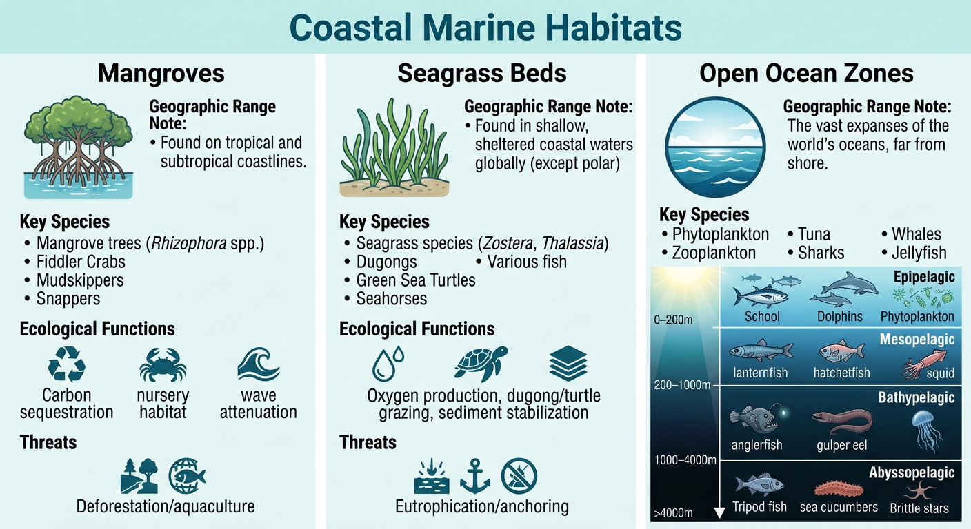 Study diagram for Marine Habitats — Mangroves, Seagrass, and Open Ocean Zones